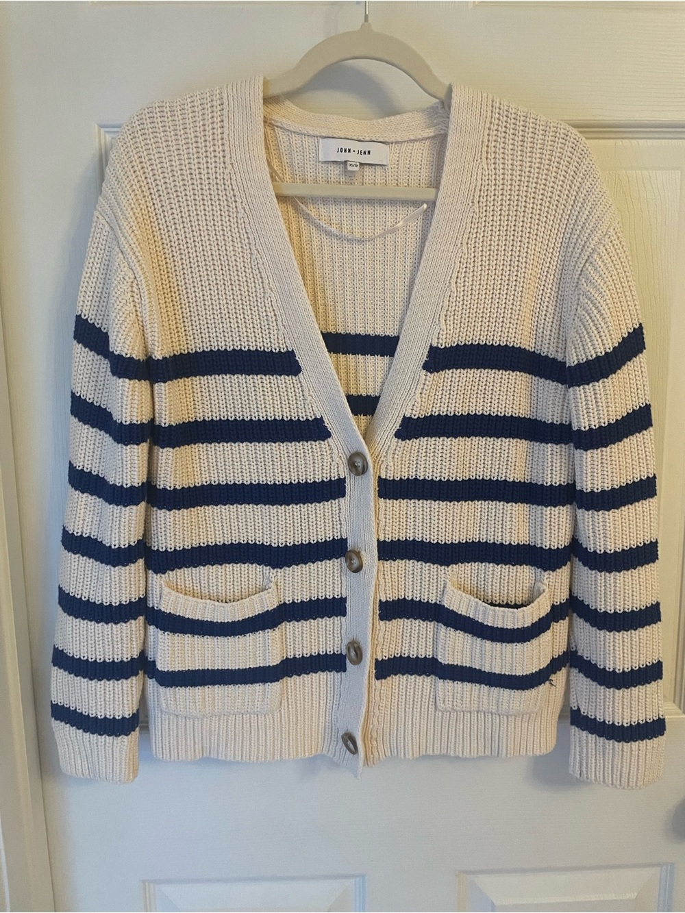 John + Jenn Cream and Navy Striped Button Cardigan
